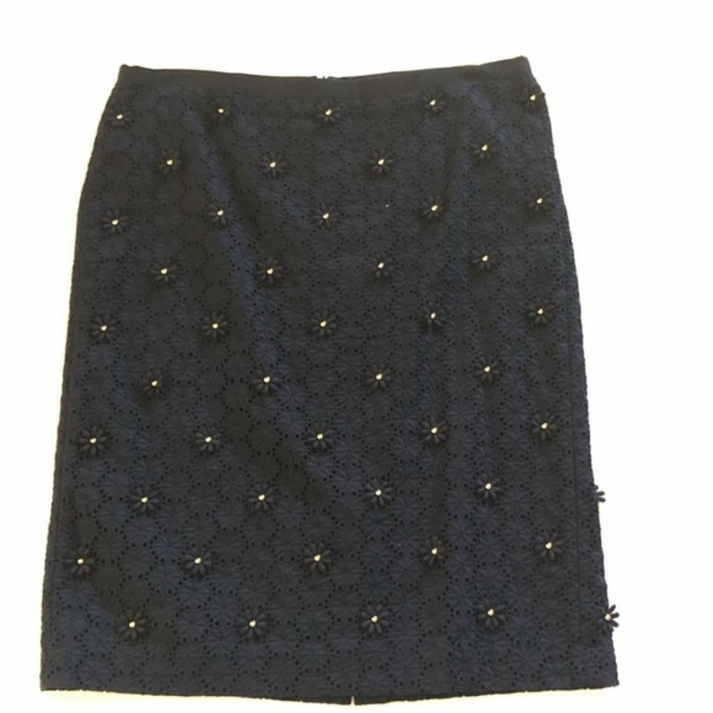 Talbots Navy Eyelet Skirt w/Gold Bead Flowers